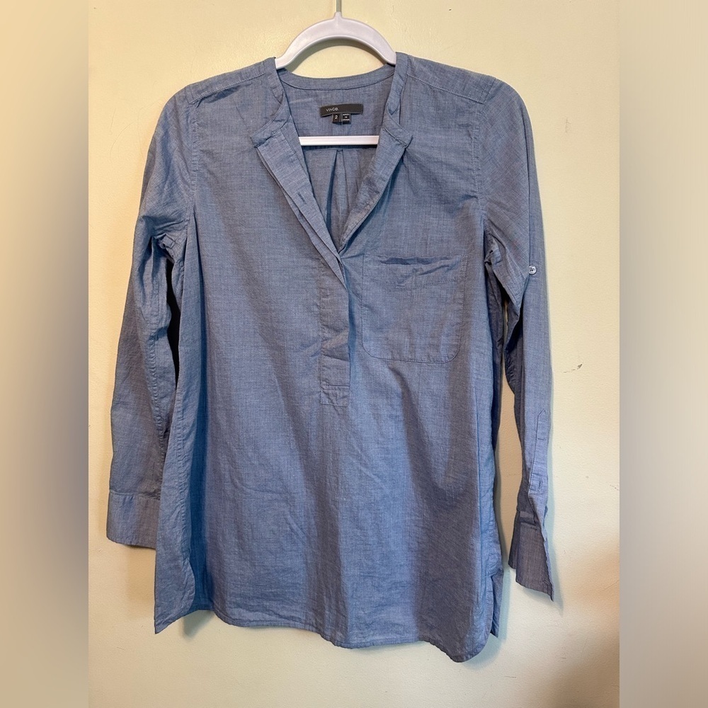 Vince Chambray Long Sleeve Tunic Blouse Size 2 Classic‎ Business Causal